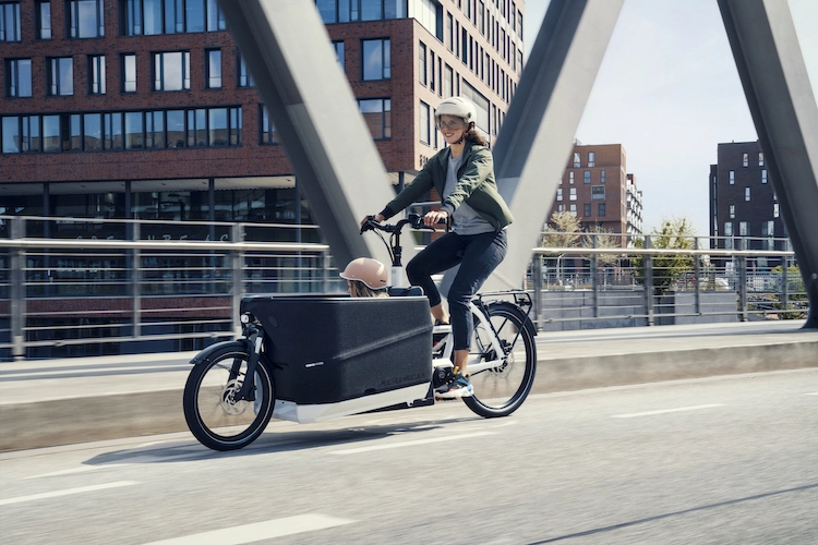 Electric cargo bike ride for women and child