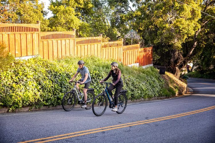 Deux cyclistes montent une pente à vélo Gazelle Medeo t9 City
